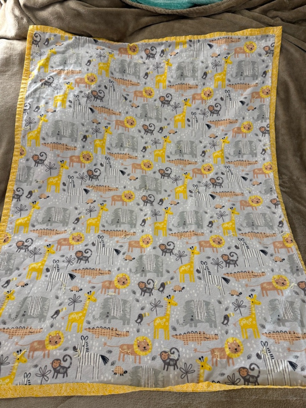 Yellow & Gray Jungle Themed 38” X 49” Toddler/ Baby Blanket